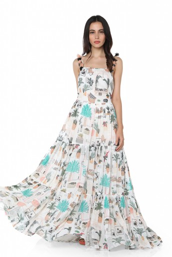 PS-DR0020  White Colour Printed Art Georgette Long Tiered Dress
