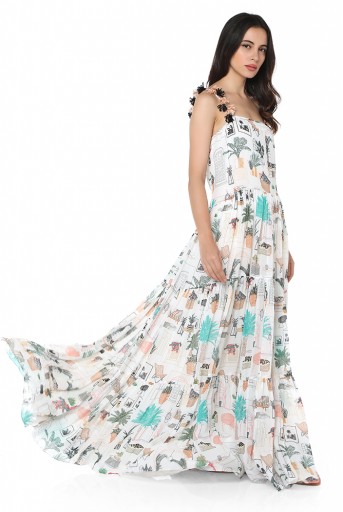 PS-DR0020  White Colour Printed Art Georgette Long Tiered Dress