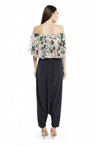 PS-FW425-WW  White Colour Printed Art Georgette Off Shoulder Ruffle Top with Black Colour Art Crepe Low Crotch Pant