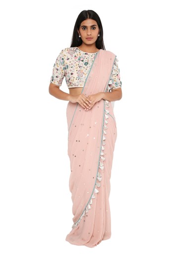 PS-SR0023  White Embroidered Choli With Rose Pink Georgette Saree