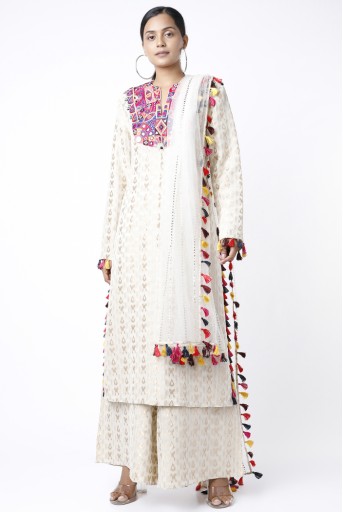 PS-KP0083  White Ikat Brocade With Colourful Mirror Work Embroidered Kurta and Palazzo Pants With Net Dupatta And Colouful Tassels