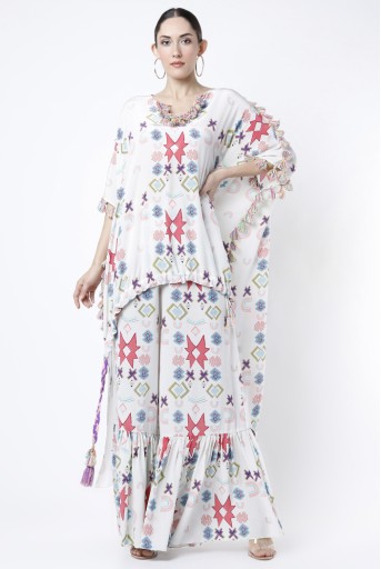 PS-FW784-D  White Ikat Star Print Crepe High-Low Kaftan With Tassels And Frill Sharara