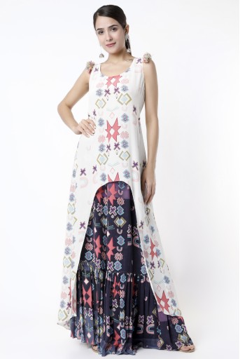 PS-FW736-A  White Ikat Star Small Print Crepe High Low Top With Purple Ikat Star Small Print Crepe Sharara