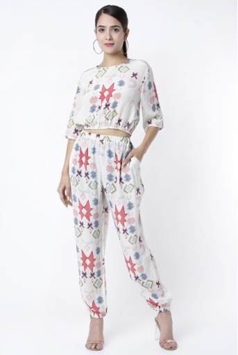 PS-PT0029-A  White Ikat Star Small Print Crepe Top With Jogger Pants