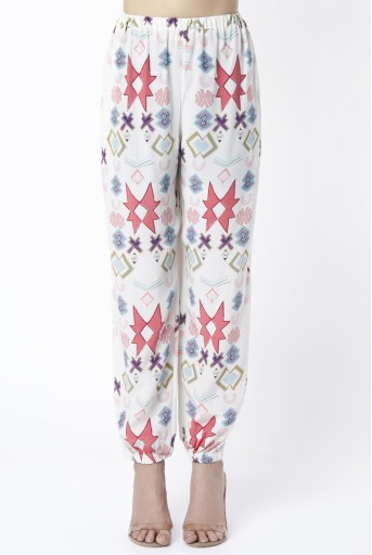 PS-PT0029-A  White Ikat Star Small Print Crepe Top With Jogger Pants