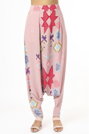 PS-FW420-YYY  White Print Crepe Top With Pink Print Crepe Low Crotch Pants