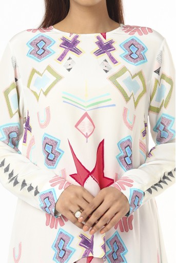 PS-FW420-YYY  White Print Crepe Top With Pink Print Crepe Low Crotch Pants