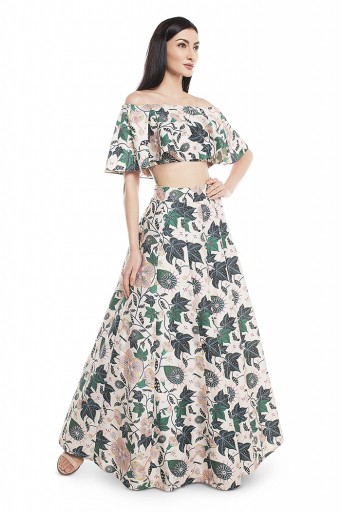PS-ST0733-EEE  White Printed Dupion Silk Off Shoulder Ruffle Top with Lehenga