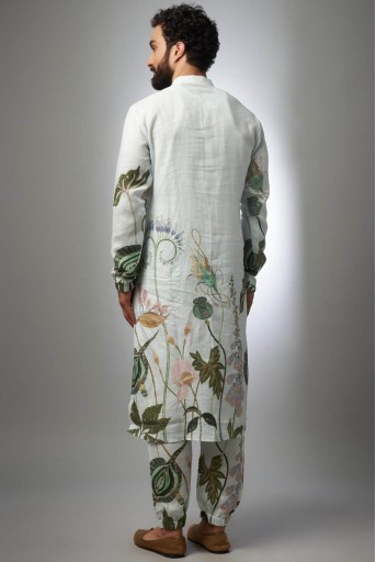 PS-MN439  White Printed Linen Bomber Kurta With Jogger Pant