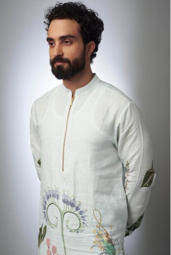 PS-MN439  White Printed Linen Bomber Kurta With Jogger Pant