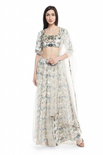 PS-FW630-C  White Printed Velvet Choli and Lehenga with Attached White Organza Layer and Dupatta