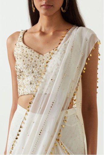 PS-SR0052-A  White Sequins Georgette Choli And Pre-Stitched Saree