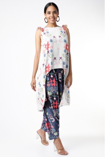 PS-FW420-WWW  White Small Ikat Star Printed Top Worn With Purple Small Ikat Star Printed Low Crotch Pants