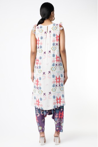 PS-FW420-WWW  White Small Ikat Star Printed Top Worn With Purple Small Ikat Star Printed Low Crotch Pants
