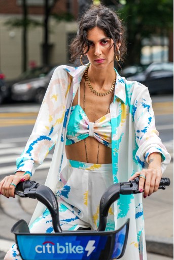 PS-JK0095  Willow Off White Ikat Splash Print Crepe Shirt Jacket With A Bustier And Pallazo