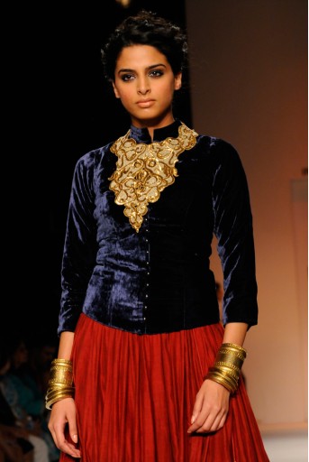 PS-FW188 Yasmin Blue Velvet Sherwani Choli with Brick Red Silkmul Lehenga