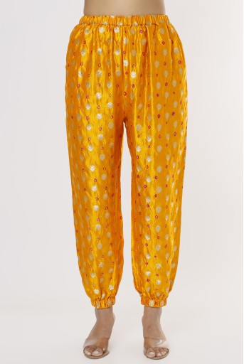 PS-KP0131-C  Yellow Bandhani Silk Embroidered Yoke High Low Kurta And Jogger Pants