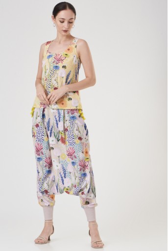 PS-FW790-E  Yellow Bee Garden Art Crepe Top With Stone Bee Garden Low Crotch Pants