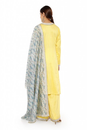 PS-KP0050  Yellow Colour Chanderi Stripe Kurta with Palazzo and Blue Ikat Line Printed Silkmul Dupatta with Matching Structured 3 Ply Mask