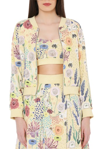 PS-FW826  Yellow Colour Printed Art Crepe Bomber Jacket with Bustier and Lehenga