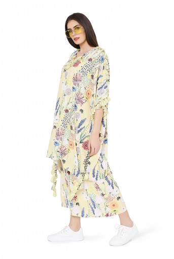 PS-FW822  Yellow Colour Printed Art Crepe Oversized Kaftan Top with Jogger Pant