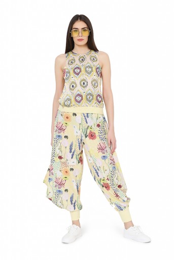 PS-FW820  Yellow Colour Printed Art Crepe Top with Bustier and Cowl Pant