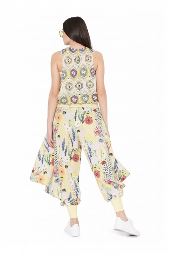PS-FW820  Yellow Colour Printed Art Crepe Top with Bustier and Cowl Pant
