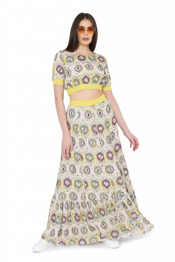 PS-FW817  Yellow Colour Printed Art Silk Balloon Top with Frill Skirt