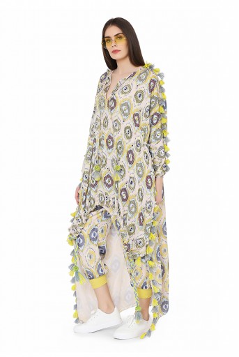 PS-FW818  Yellow Colour Printed Art Silk Oversized High-Low Kaftan Top with Jogger Pant