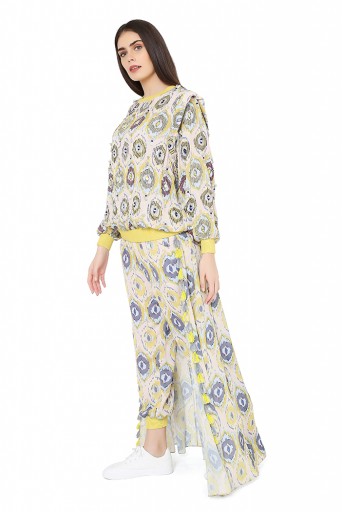 PS-FW812  Yellow Colour Printed Art Silk Top and Jogger Pant with Attached Kali Skirt
