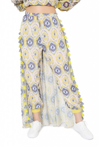 PS-FW812  Yellow Colour Printed Art Silk Top and Jogger Pant with Attached Kali Skirt