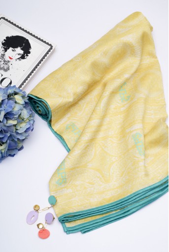 PS-SC0126  Yellow Colour PS Print Silkmul Full Width Scarf With Piping