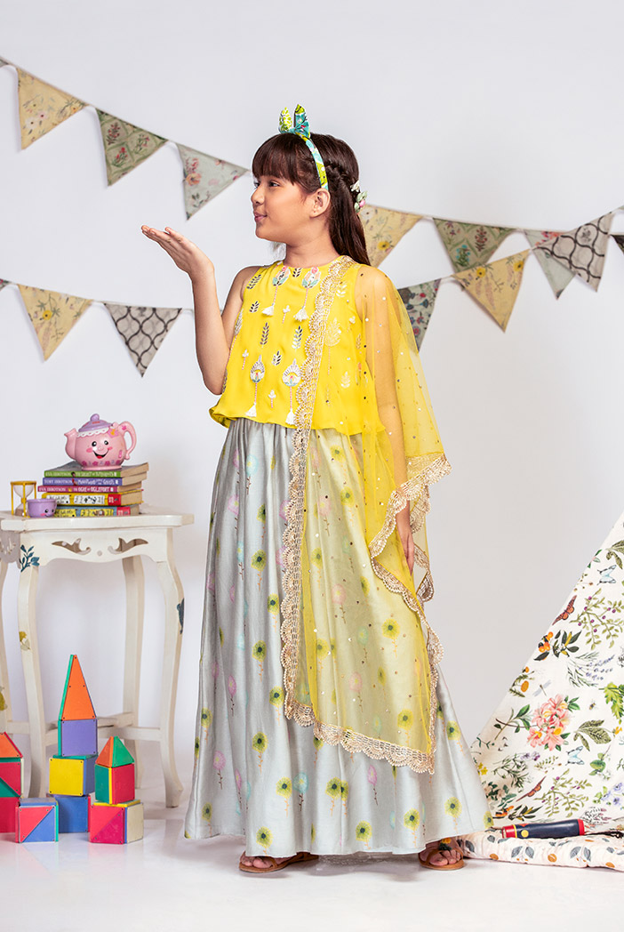 Pineapple Yellow Lehenga and Oyster Floral Blouse Set - Anisha Shetty -  East Boutique
