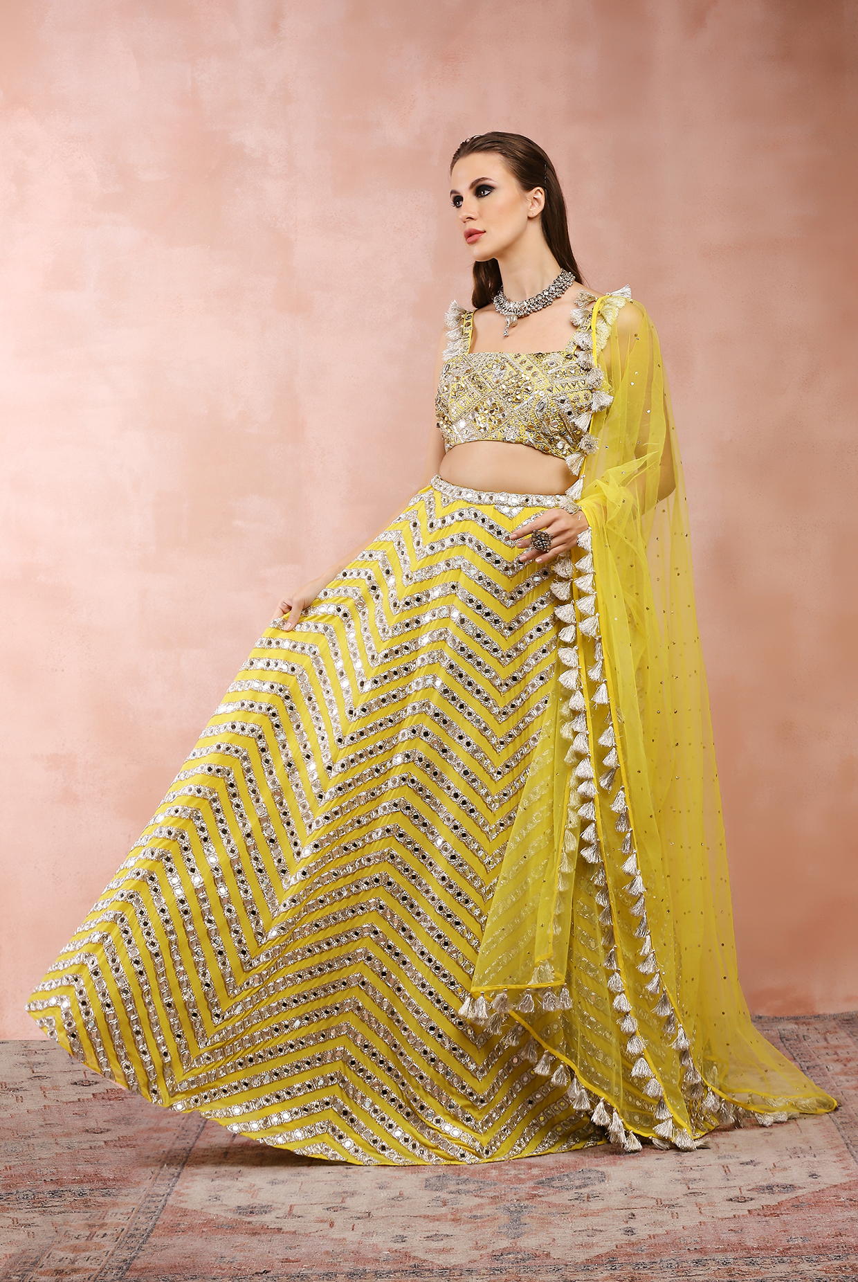 Yellow Sequins, Zari, Thread and Beads work Crop Top Lehenga with Tie –  Seasons Chennai