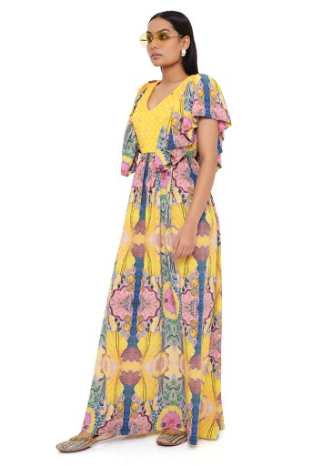 PS-DR0034-A-1 Yellow Enchanted Crepe Print Dress With A Bandhani Silk Embroidered Yoke