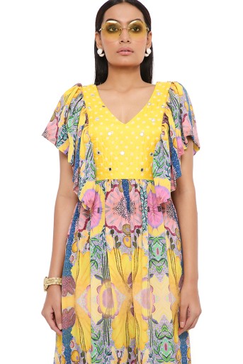 PS-DR0034-A-1 Yellow Enchanted Crepe Print Dress With A Bandhani Silk Embroidered Yoke