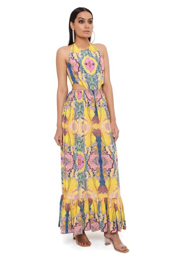 PS-DR0033-F  Yellow Enchanted Print Crepe Alter Neck Waist Cut-Out Dress