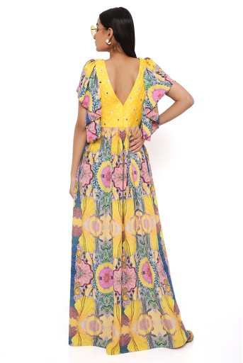 PS-DR0034-A  Yellow Enchanted Print Crepe Dress With Bandhani Embroidered Yoke