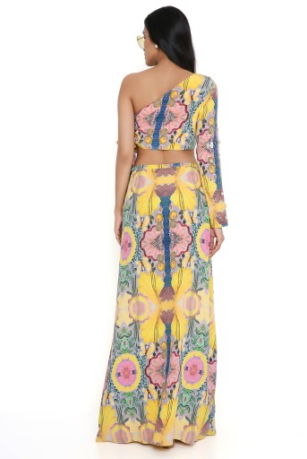 PS-CS0036-C  Yellow Enchanted Print Crepe Embroidered Side Tie-Up Choli With A Skirt