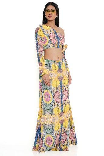 PS-CS0036-C  Yellow Enchanted Print Crepe Embroidered Side Tie-Up Choli With A Skirt