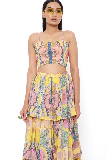 PS-CS0042-C  Yellow Enchanted Print Georgette Embroidered One Shoulder Cape With Bustier And Frill Sharara