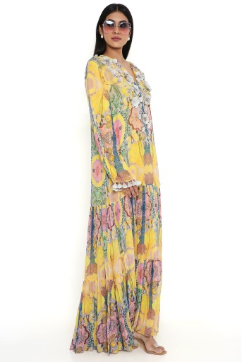 PS-DR0009-D  Yellow Enchanted Print Embroidered Yoke Art Georgette Boho Dress