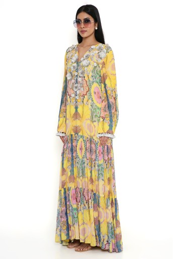 PS-DR0009-D  Yellow Enchanted Print Embroidered Yoke Art Georgette Boho Dress