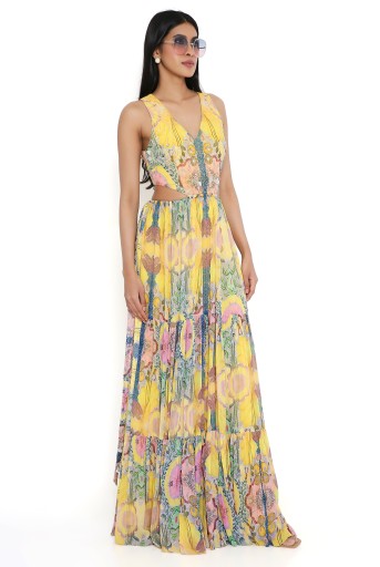 PS-DR0032-B  Yellow Enchanted Print Georgette Embroidered Cut-Out Dress