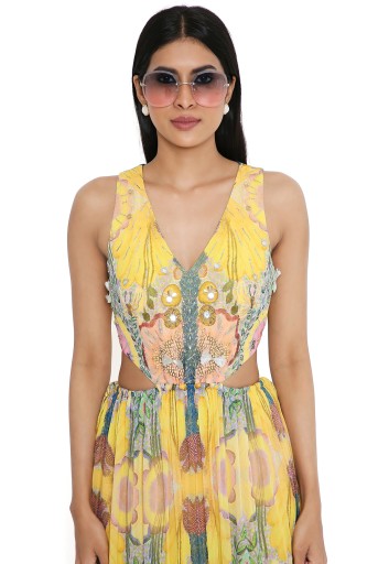 PS-DR0032-B  Yellow Enchanted Print Georgette Embroidered Cut-Out Dress