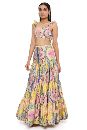 PS-TS0017-A  Yellow Enchanted Print Dupion Silk Embroidered Bustier With Layered Skirt
