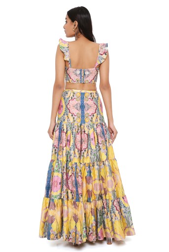 PS-TS0017-A  Yellow Enchanted Print Dupion Silk Embroidered Bustier With Layered Skirt