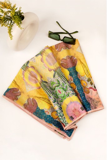 PS-SC0161 Yellow Enchanted Print Silkmul Scarf With Piping
