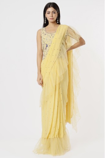 PS-SR0013-B  Yellow Georgette Embroidered Choli With Dot Mukaish Georgette And Net Frill Saree