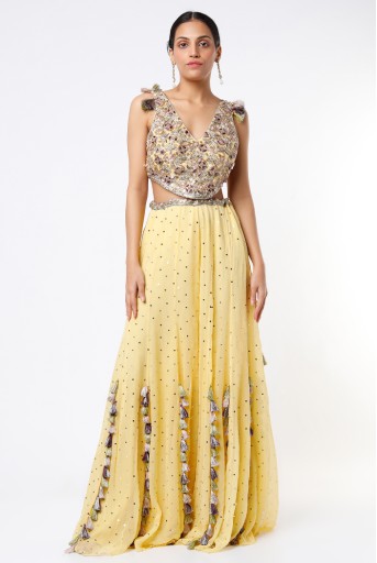 PS-CS0010-E  Yellow Georgette Embroidered Choli With Dot Mukaish Georgette Sharara